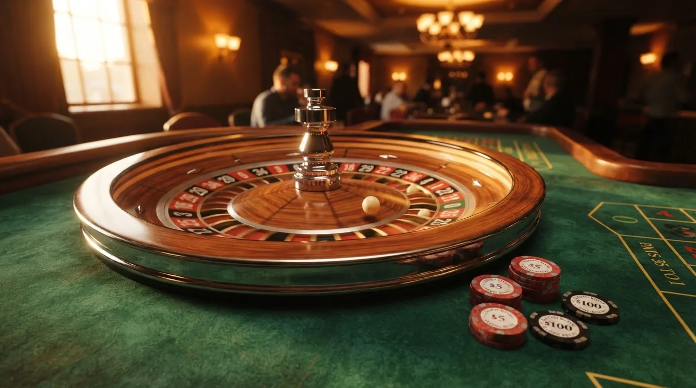 Roda de roleta e fichas sobre feltro verde, sob uma luz quente de fim de tarde — 1 euro casino em portugal