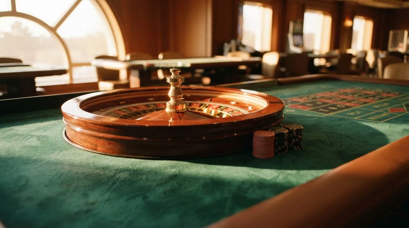 Roda de roleta e fichas sobre feltro verde, sob uma luz quente de fim de tarde — 10 euro casino em portugal