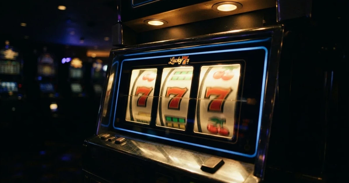 Rolos luminosos de uma slot machine numa sala escura, em grande plano — 10 euro casino em portugal