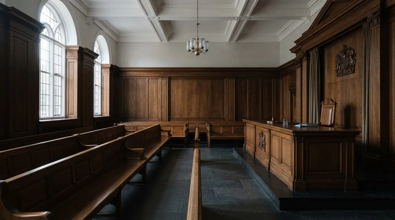 Sala de tribunal vazia com painéis de madeira, à luz da manhã — 20 euro casino em portugal