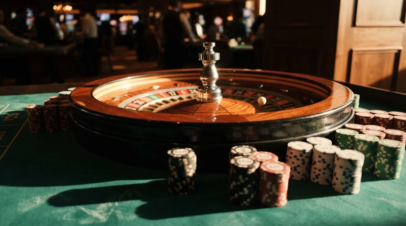 Roda de roleta e fichas sobre feltro verde, sob uma luz quente de fim de tarde — 20 euro casino em portugal