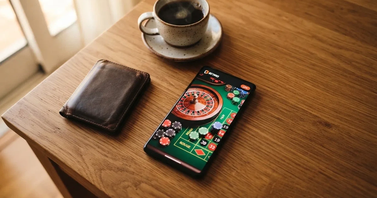 Telemóvel numa mesa de madeira ao lado de uma carteira e de uma chávena de café — 20 euro casino em portugal