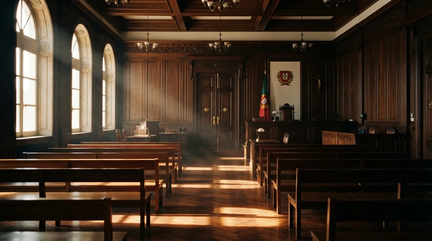 Sala de tribunal vazia com painéis de madeira, à luz da manhã — 5 euro casino em portugal