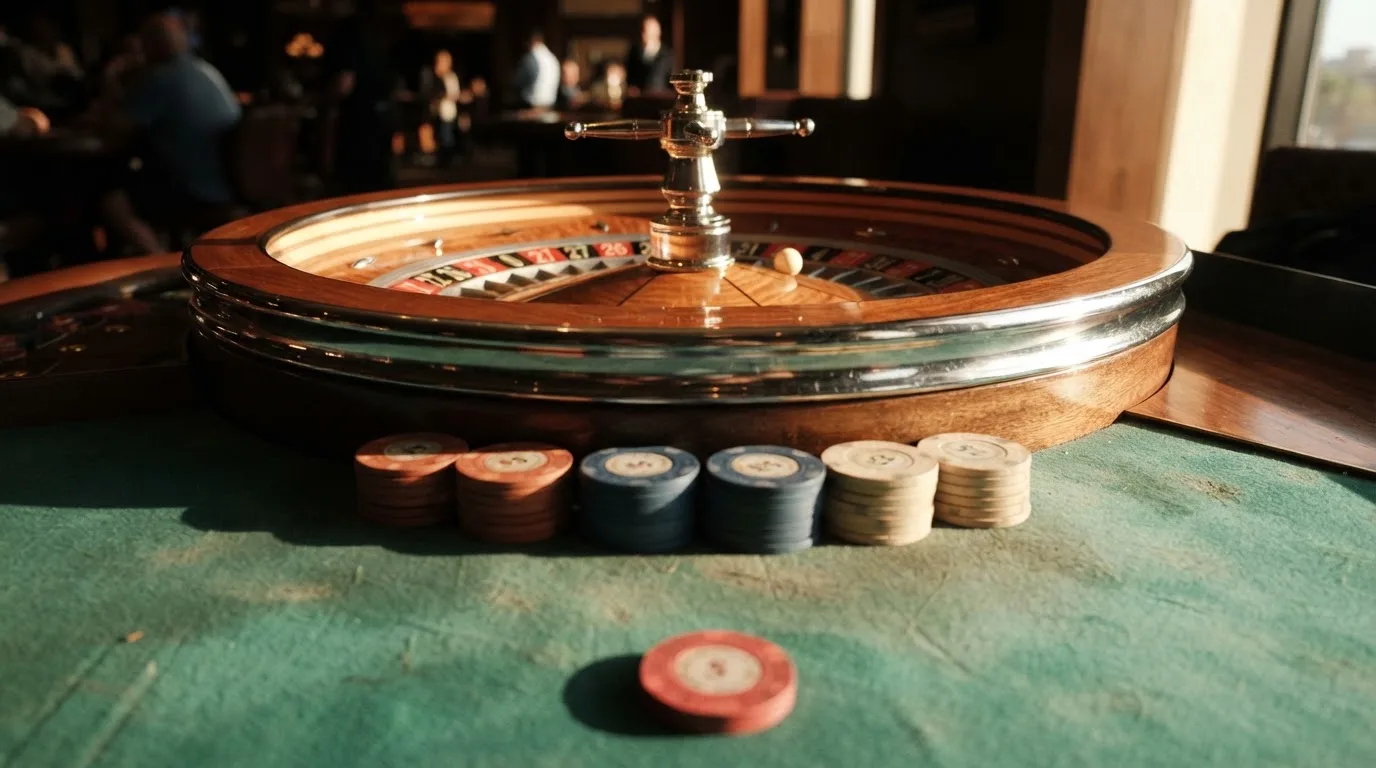 Roda de roleta e fichas sobre feltro verde, sob uma luz quente de fim de tarde — 5 euro casino em portugal
