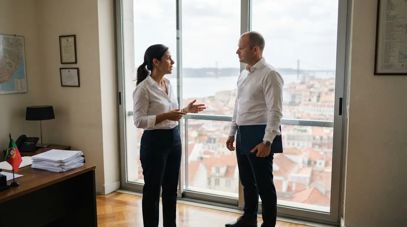 Duas pessoas de camisa a conversar junto a uma janela grande de um escritório público, com a cidade de Lisboa desfocada atrás.