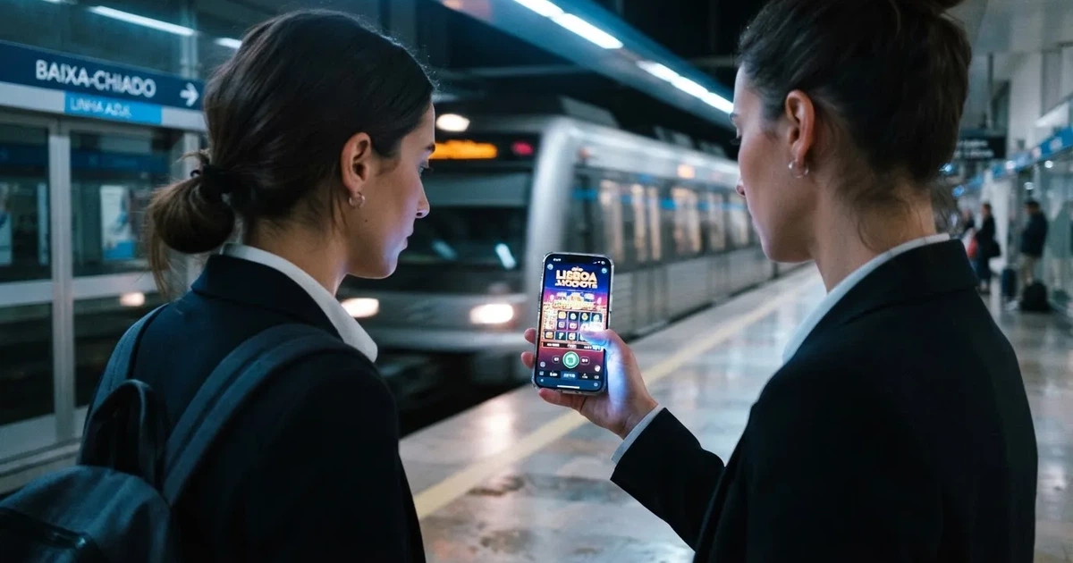 Pessoa de pé numa estação de metro a usar um telemóvel com a mão direita, com carruagem desfocada e luz fria ao fundo.