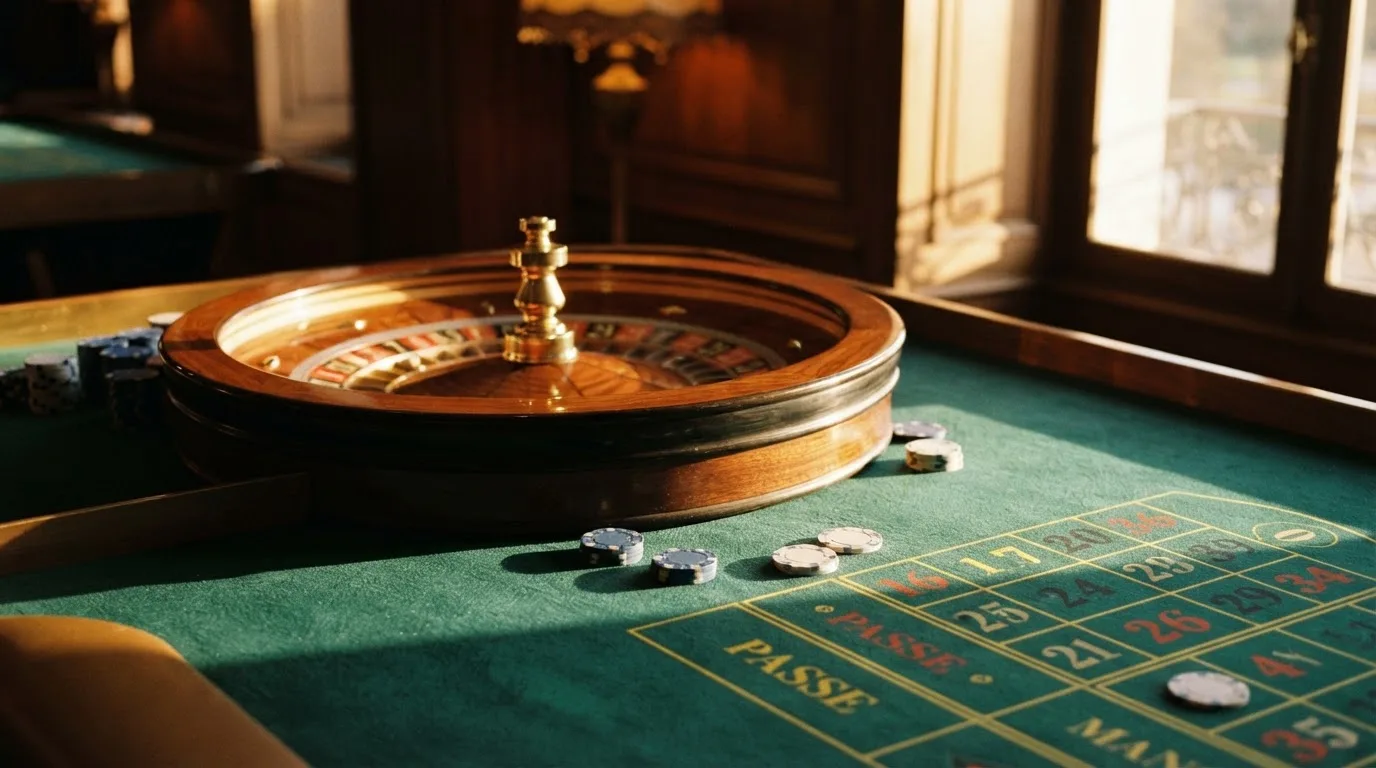 Roda de roleta e fichas sobre feltro verde, sob uma luz quente de fim de tarde — blackjack ao vivo em portugal