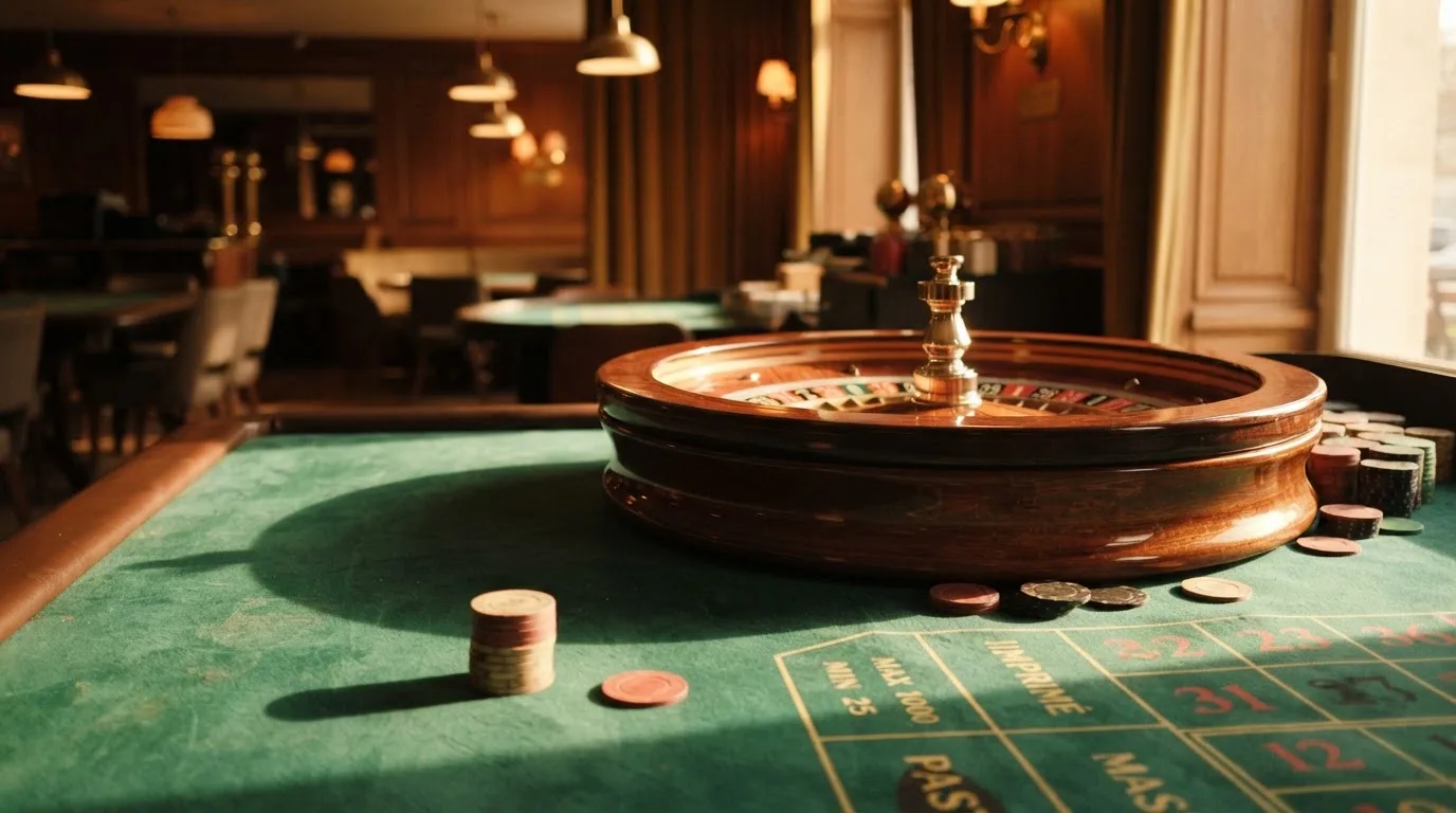 Roda de roleta e fichas sobre feltro verde, sob uma luz quente de fim de tarde — blackjack casinos em portugal