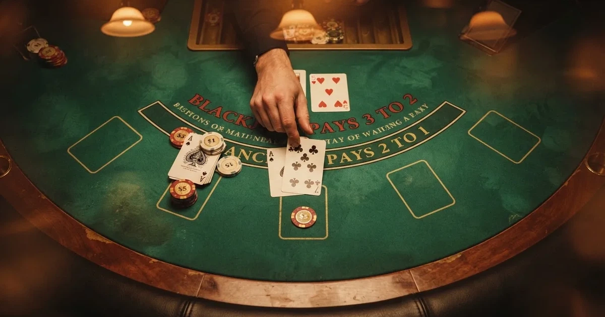 Mesa de jogo iluminada com cartas, vista de cima — blackjack casinos em portugal