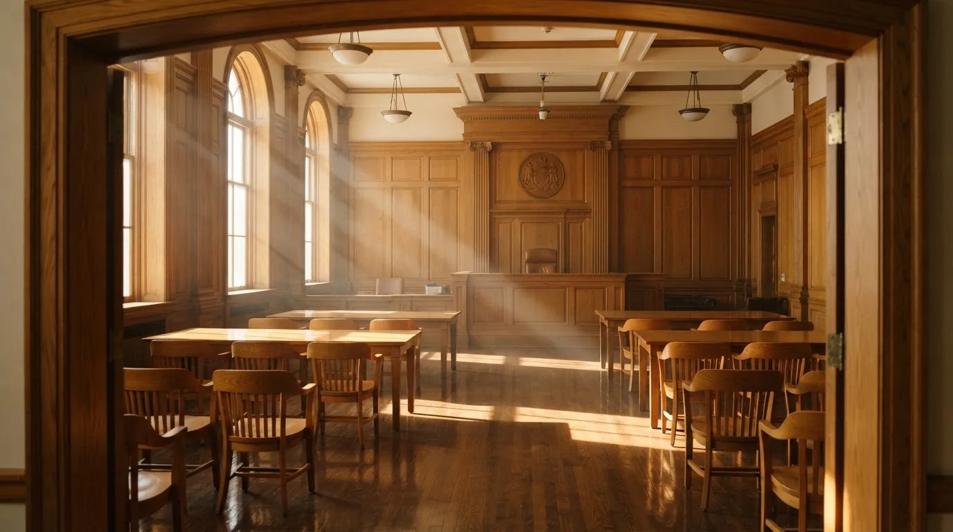 Sala de tribunal vazia com painéis de madeira, à luz da manhã — blackjack online casino em portugal