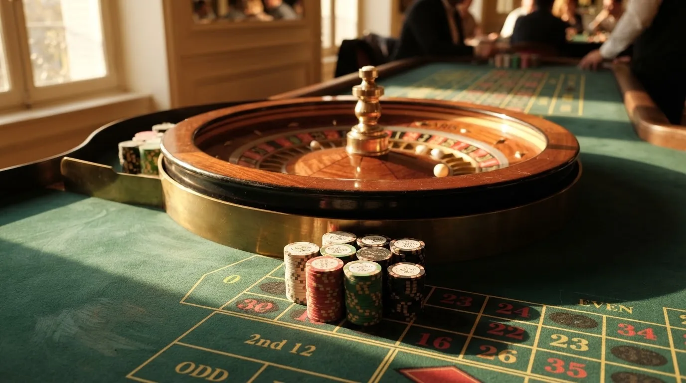 Roda de roleta e fichas sobre feltro verde, sob uma luz quente de fim de tarde — blackjack online casino em portugal