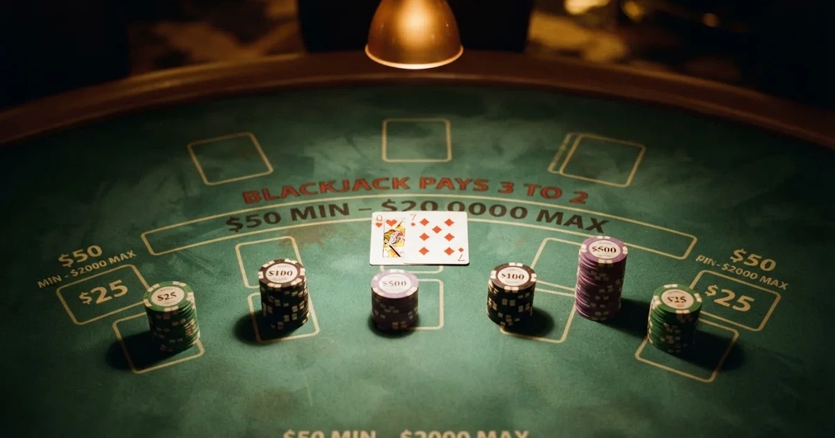 Mesa de jogo iluminada com cartas, vista de cima — blackjack online casino em portugal