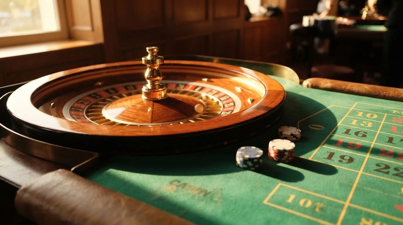 Roda de roleta e fichas sobre feltro verde, sob uma luz quente de fim de tarde — caça-níqueis em casinos portugueses