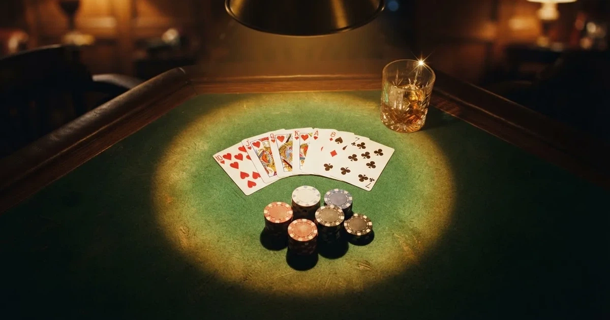 Mesa de jogo iluminada com cartas, vista de cima — caça-níqueis em casinos portugueses