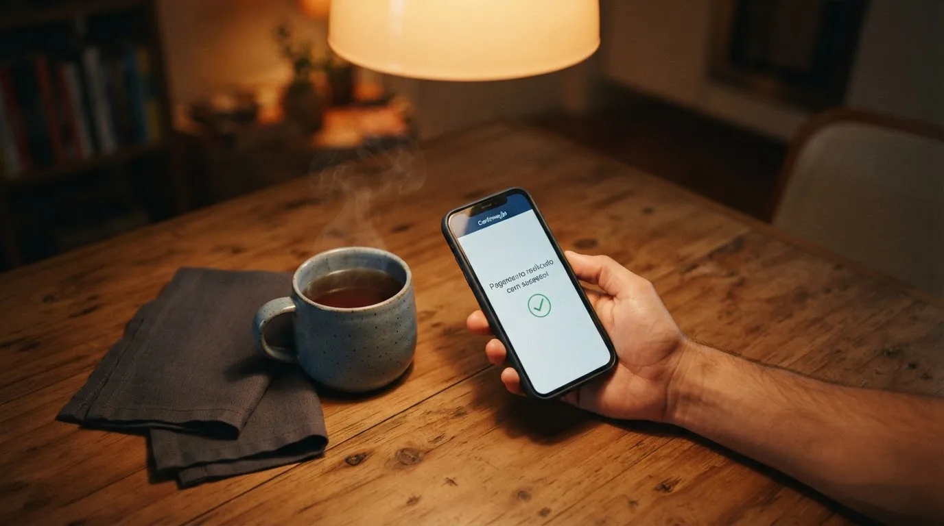 Mão a segurar um telemóvel ao lado de uma chávena de chá numa mesa de cozinha, numa noite tranquila — casino apostas em portugal