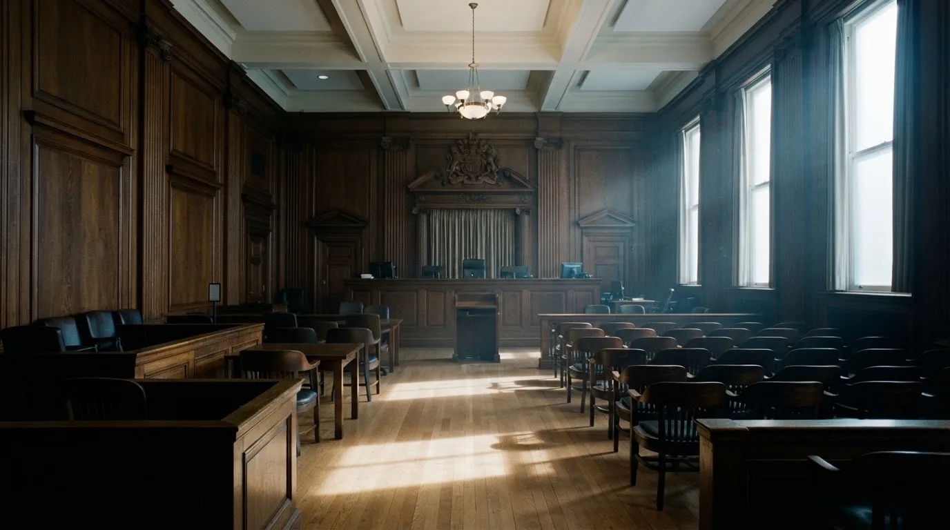 Sala de tribunal vazia com painéis de madeira, à luz da manhã — casino apostas em portugal