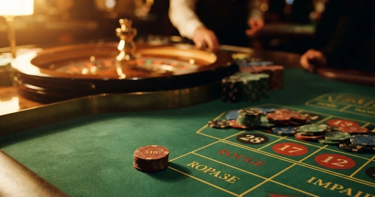 Roda de roleta e fichas sobre feltro verde, sob uma luz quente de fim de tarde — casino apostas em portugal