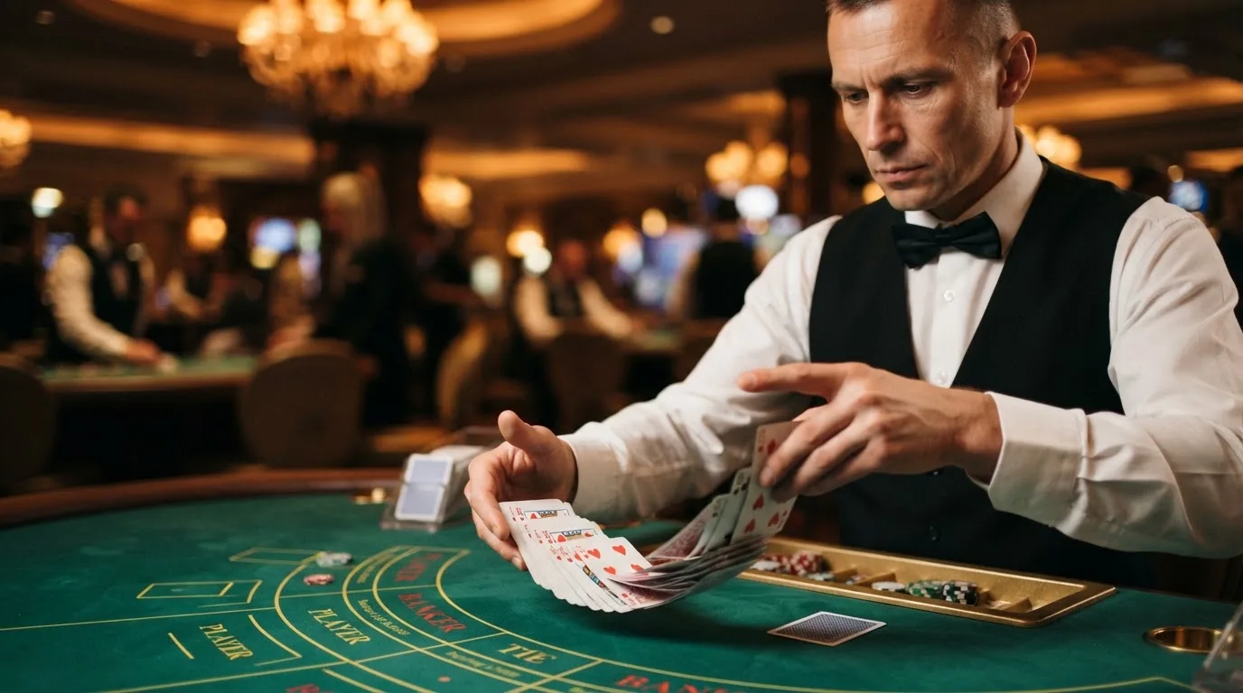 Croupier de gravata a baralhar cartas com destreza, vista lateral, fundo desfocado de um salão de casino em Portugal.
