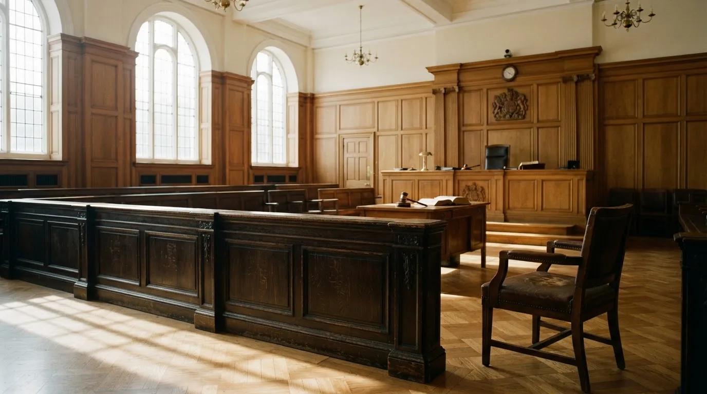 Sala de tribunal vazia com painéis de madeira, à luz da manhã — casino com bingo em portugal