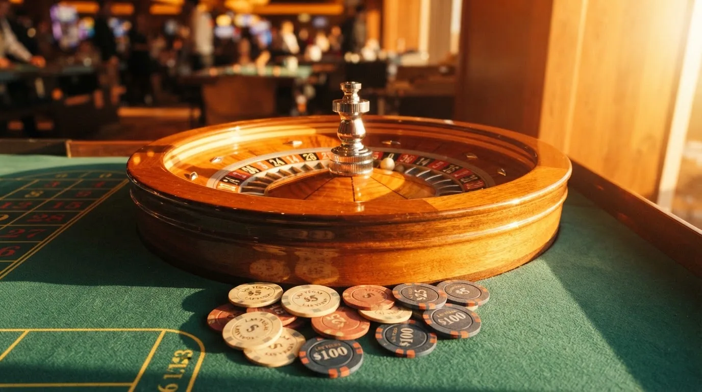 Roda de roleta e fichas sobre feltro verde, sob uma luz quente de fim de tarde — casino com bingo em portugal