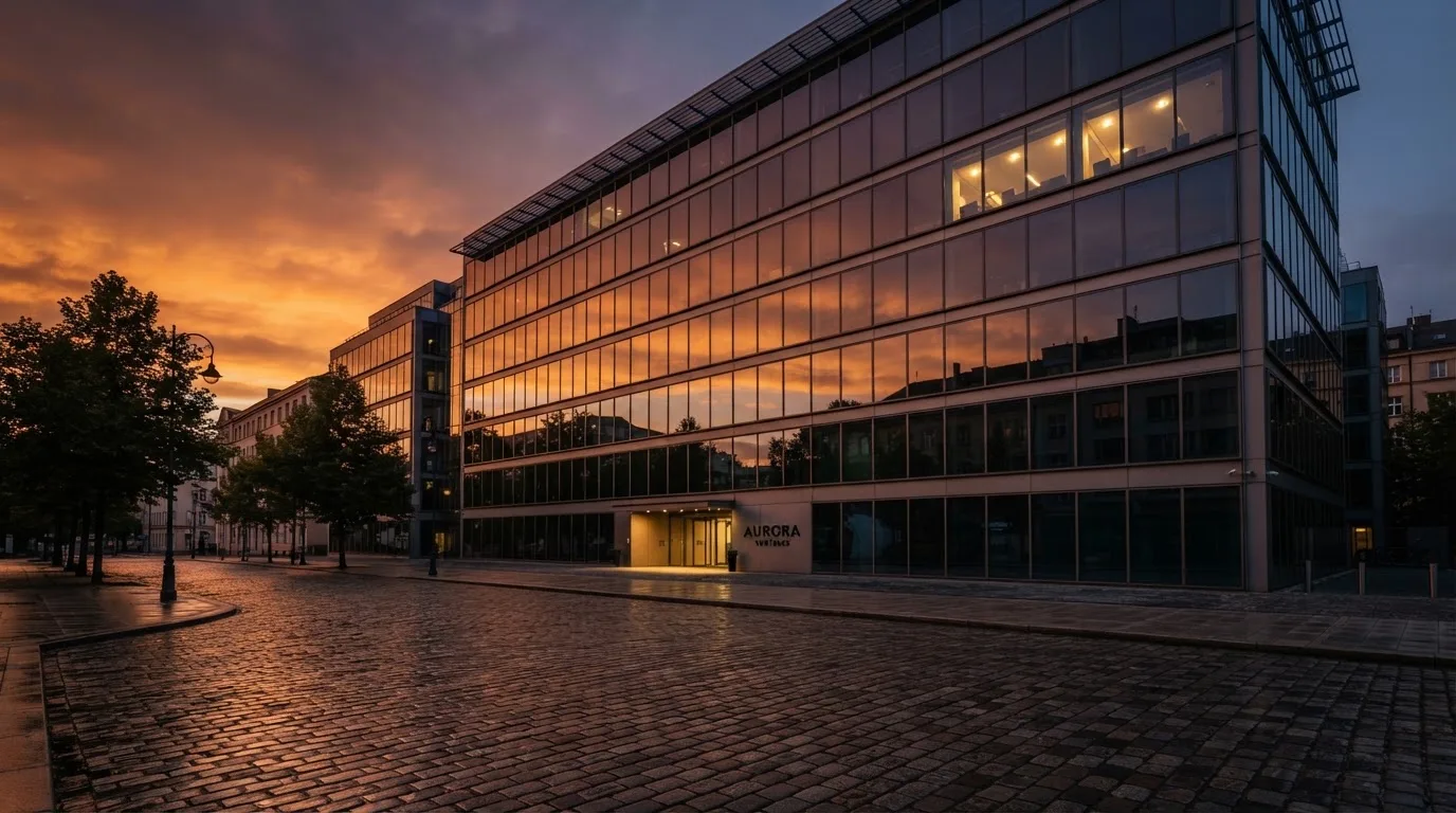 Edifício de escritórios com fachada de vidro ao entardecer, reflexo do céu cor-de-laranja e uma rua tranquila em primeiro plano.