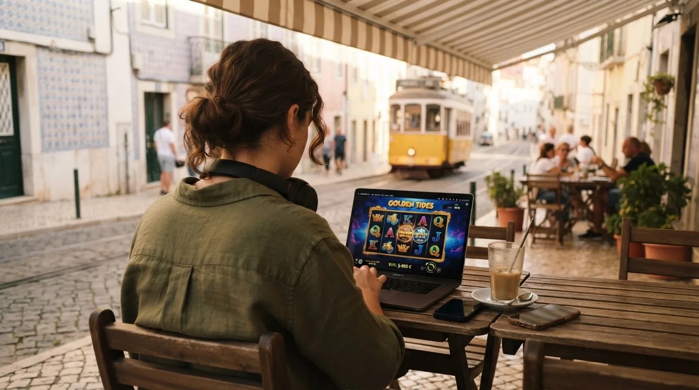 Jovem a trabalhar num café com portátil e auscultadores ao pescoço, esplanada de Lisboa ao fundo, luz suave.