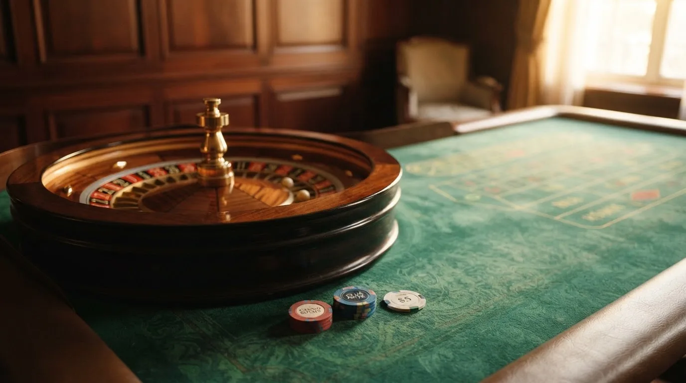 Roda de roleta e fichas sobre feltro verde, sob uma luz quente de fim de tarde — casino com bônus no cadastro pt