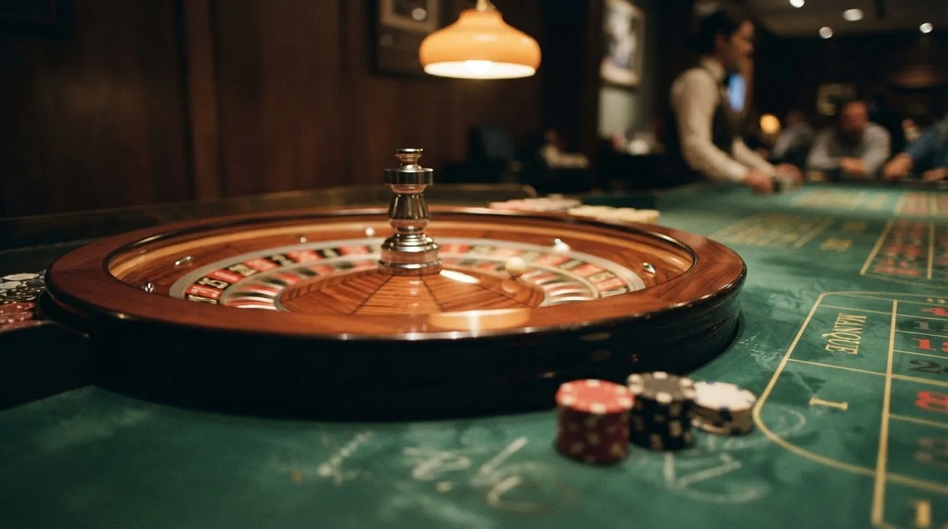 Roda de roleta e fichas sobre feltro verde, sob uma luz quente de fim de tarde — casino com dinheiro em portugal