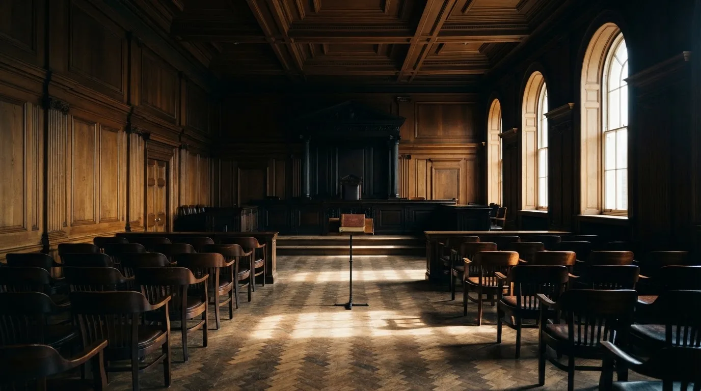 Sala de tribunal vazia com painéis de madeira, à luz da manhã — casino com ethereum em portugal