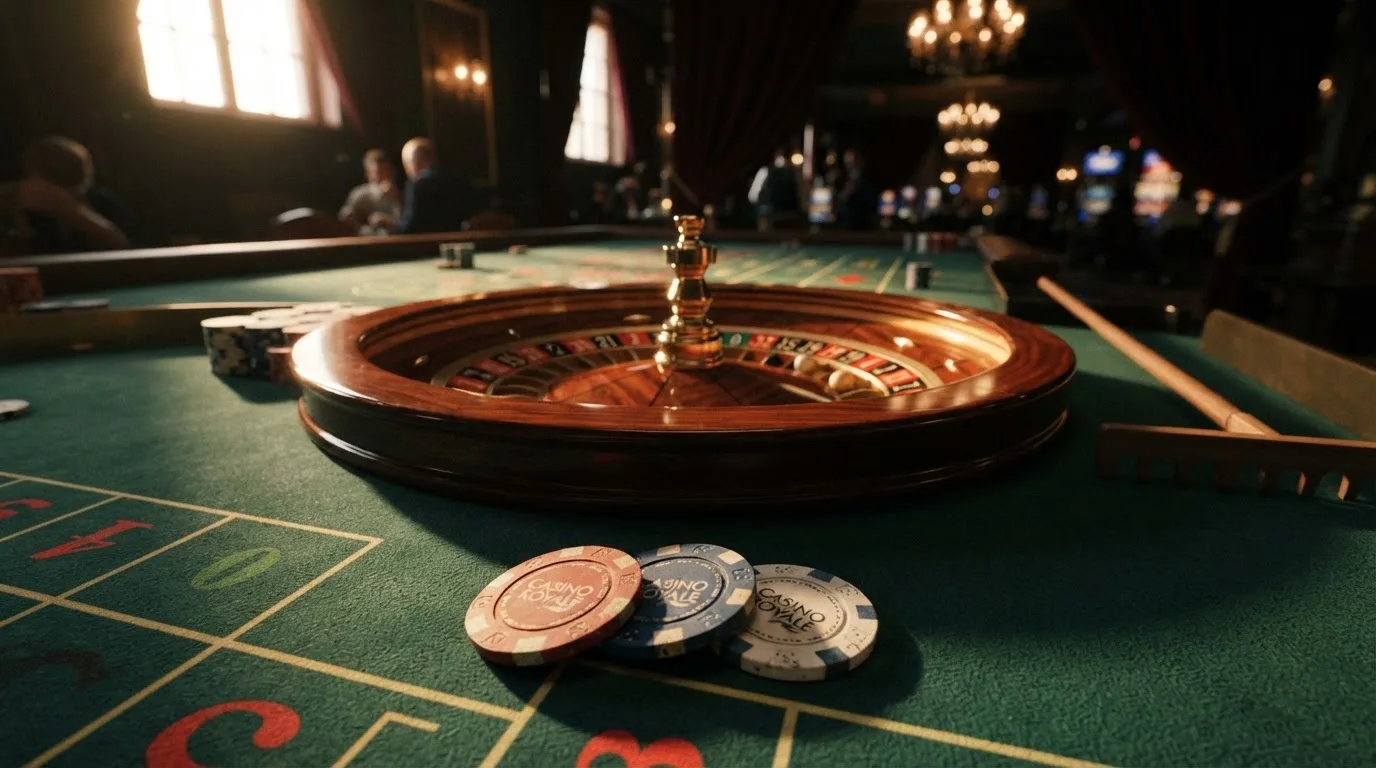Roda de roleta e fichas sobre feltro verde, sob uma luz quente de fim de tarde — casino com ethereum em portugal