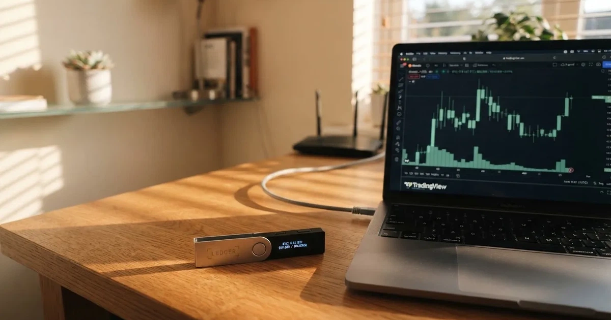 Carteira de hardware e computador portátil numa secretária, com luz suave — casino com ethereum em portugal