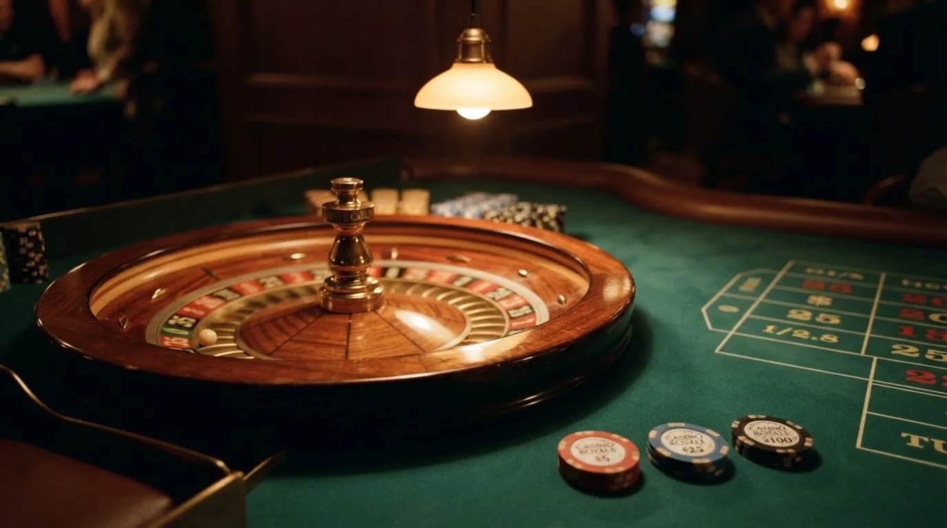 Roda de roleta e fichas sobre feltro verde, sob uma luz quente de fim de tarde — casino com free spins em portugal