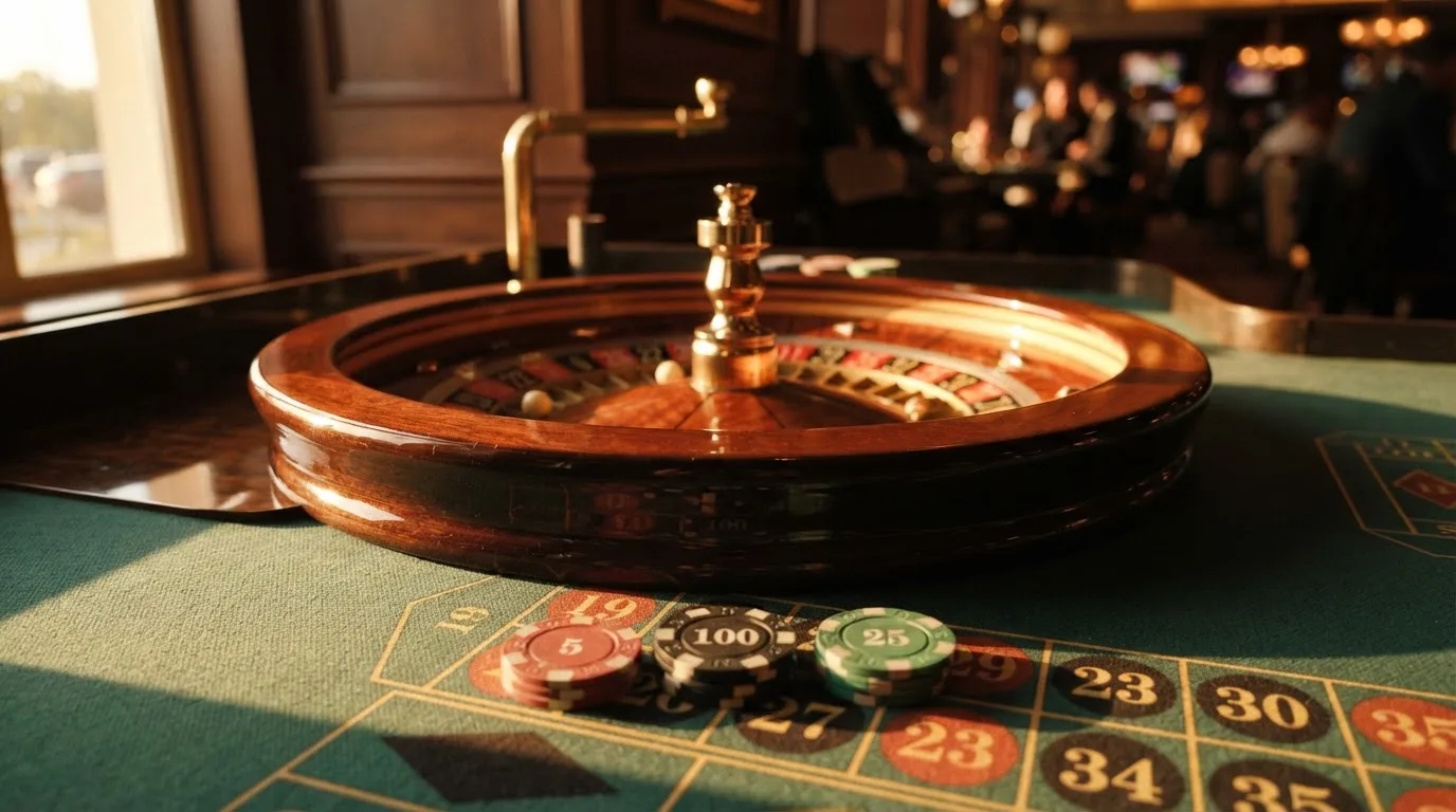 Roda de roleta e fichas sobre feltro verde, sob uma luz quente de fim de tarde — casino com grátis spins pt