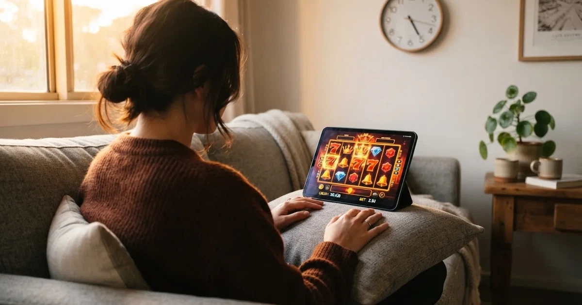 Pessoa num sofá a olhar pensativa para um tablet, com um relógio na parede atrás — casino com grátis spins pt