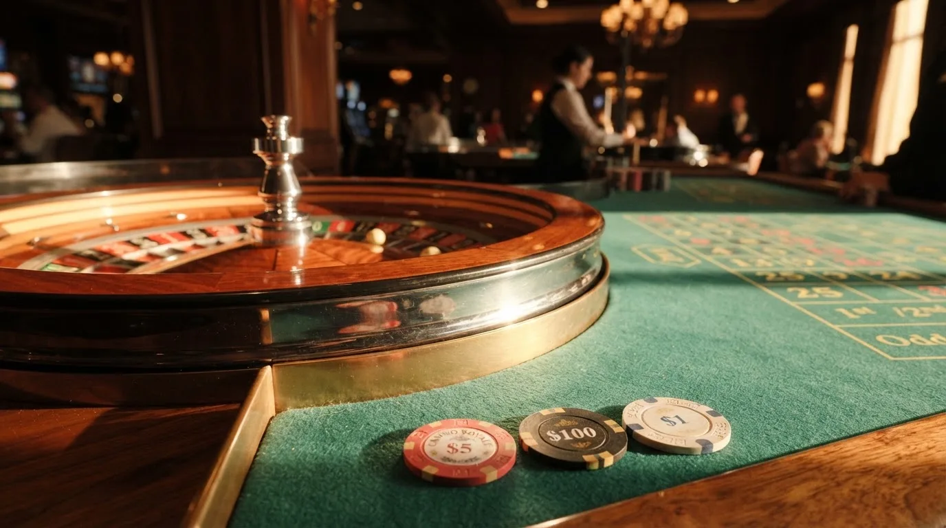 Roda de roleta e fichas sobre feltro verde, sob uma luz quente de fim de tarde — casino com levantamento pt