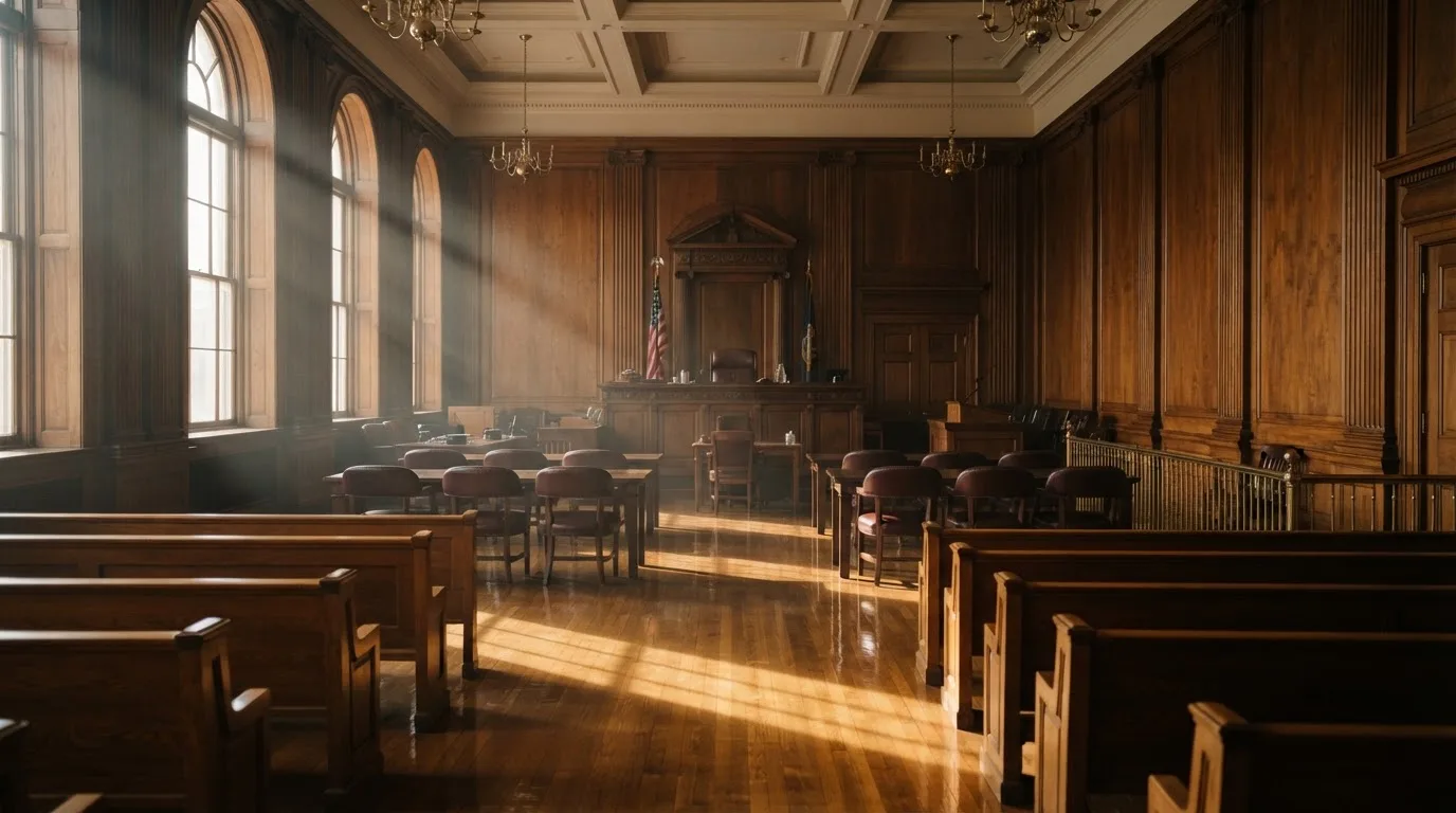 Sala de tribunal vazia com painéis de madeira, à luz da manhã — casino com litecoin em portugal