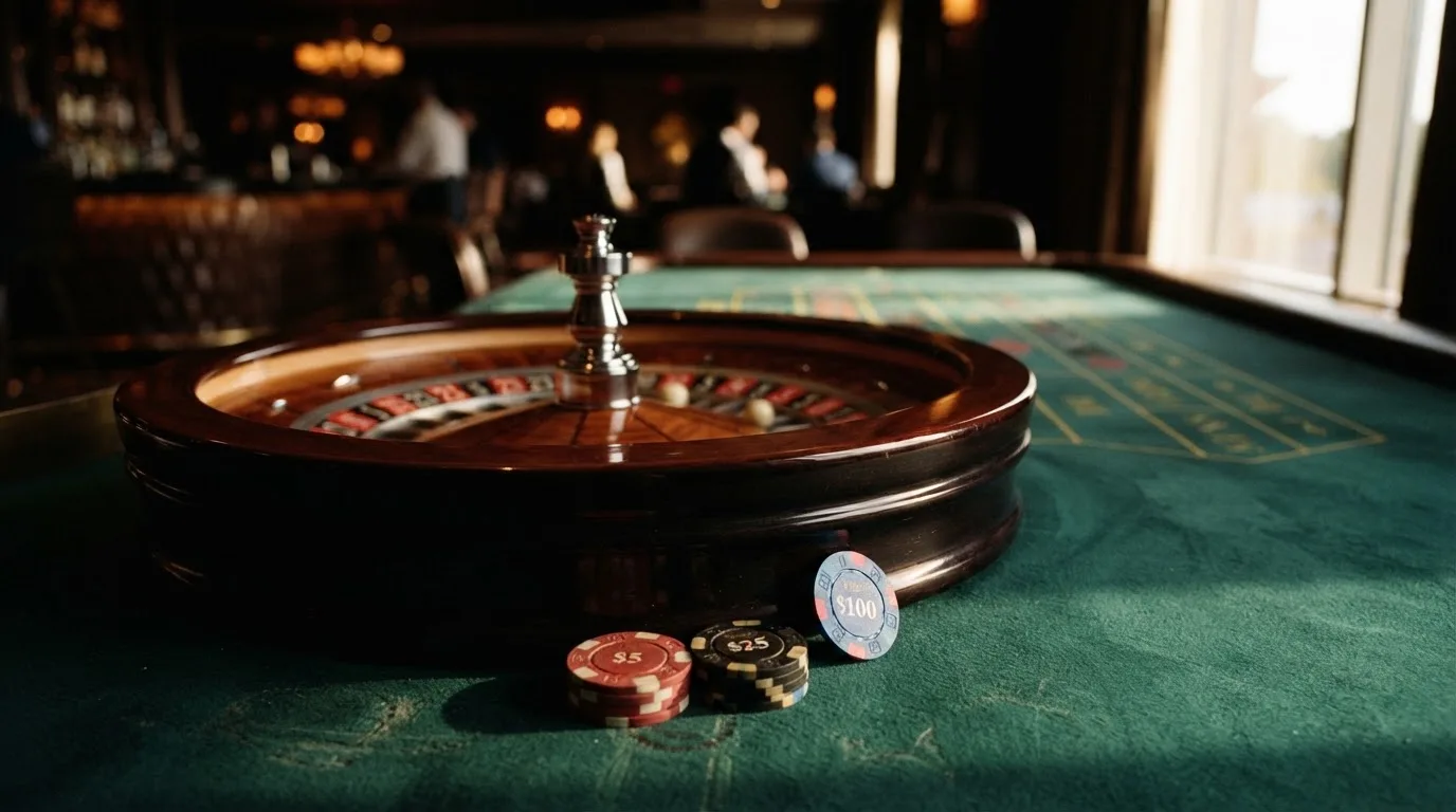 Roda de roleta e fichas sobre feltro verde, sob uma luz quente de fim de tarde — casino com litecoin em portugal