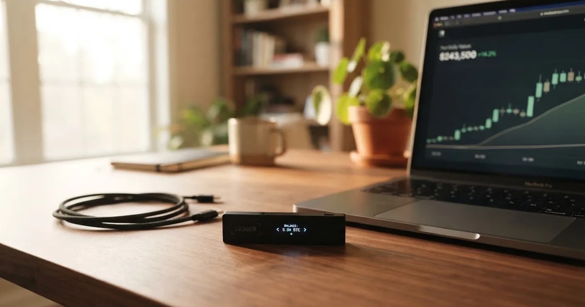 Carteira de hardware e computador portátil numa secretária, com luz suave — casino com litecoin em portugal