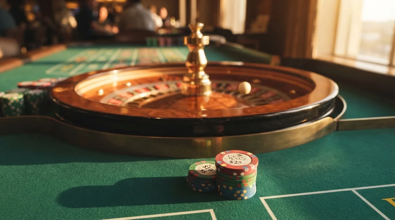 Roda de roleta e fichas sobre feltro verde, sob uma luz quente de fim de tarde — casino com solana em portugal