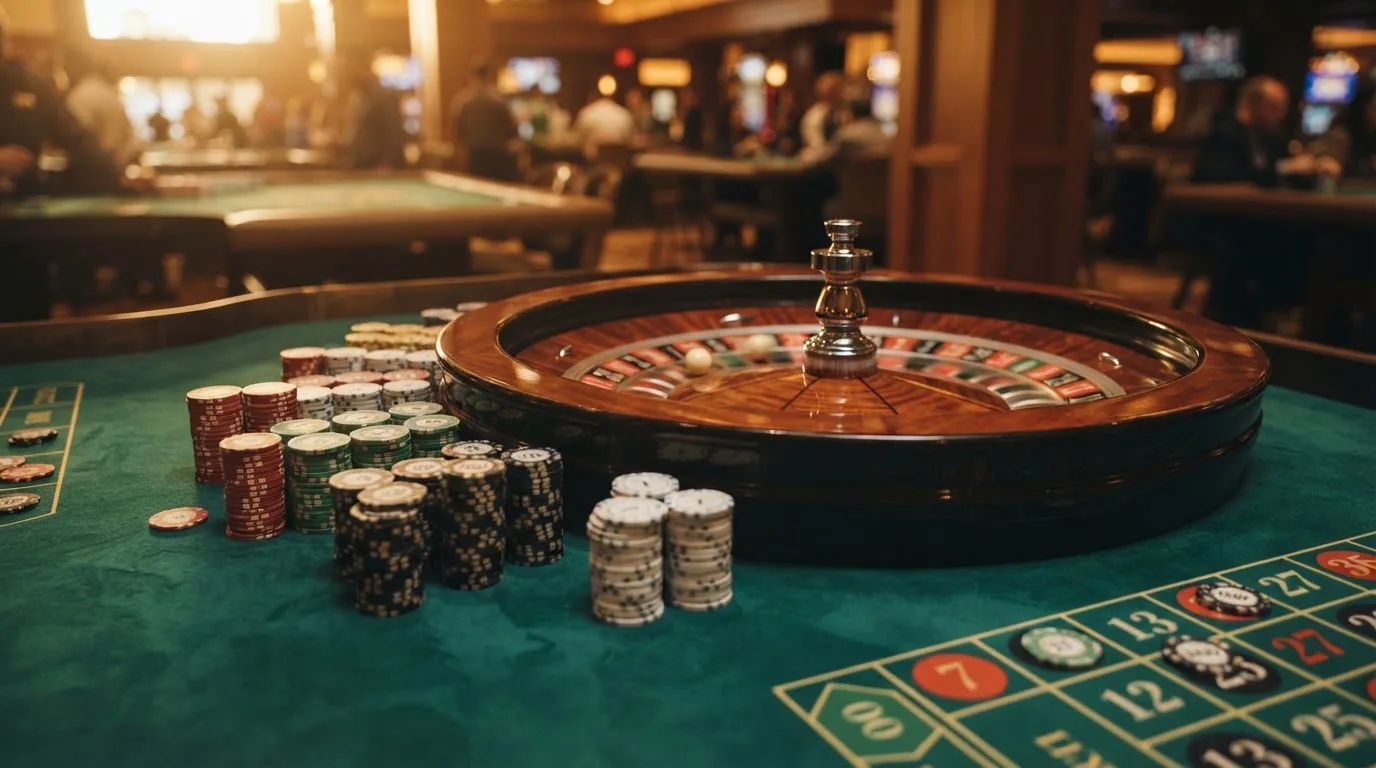 Roda de roleta e fichas sobre feltro verde, sob uma luz quente de fim de tarde — casino é confiável em portugal