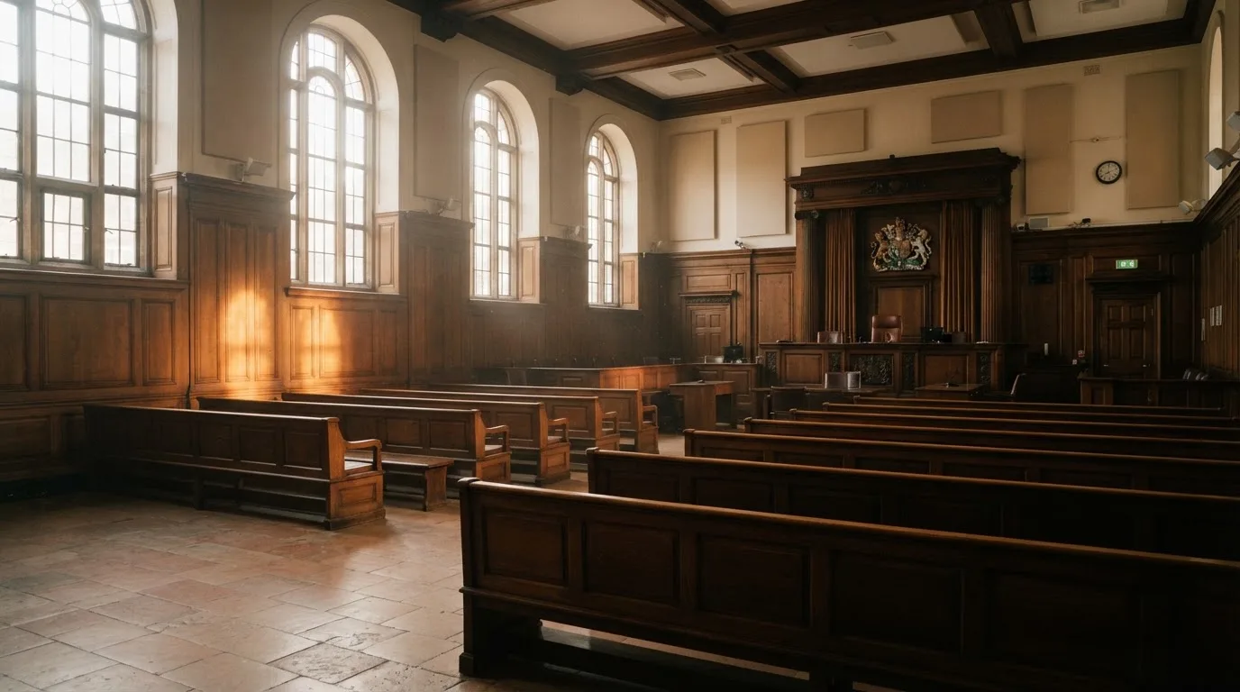 Sala de tribunal vazia com painéis de madeira, à luz da manhã — casino pagamentos em portugal