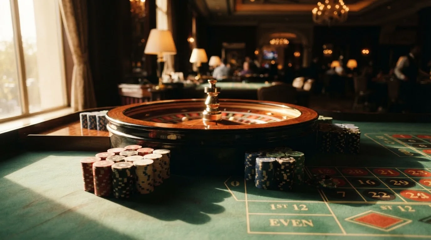 Roda de roleta e fichas sobre feltro verde, sob uma luz quente de fim de tarde — casino pagamentos em portugal