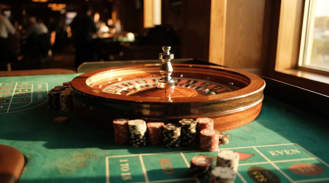 Roda de roleta e fichas sobre feltro verde, sob uma luz quente de fim de tarde — casino slots portugues