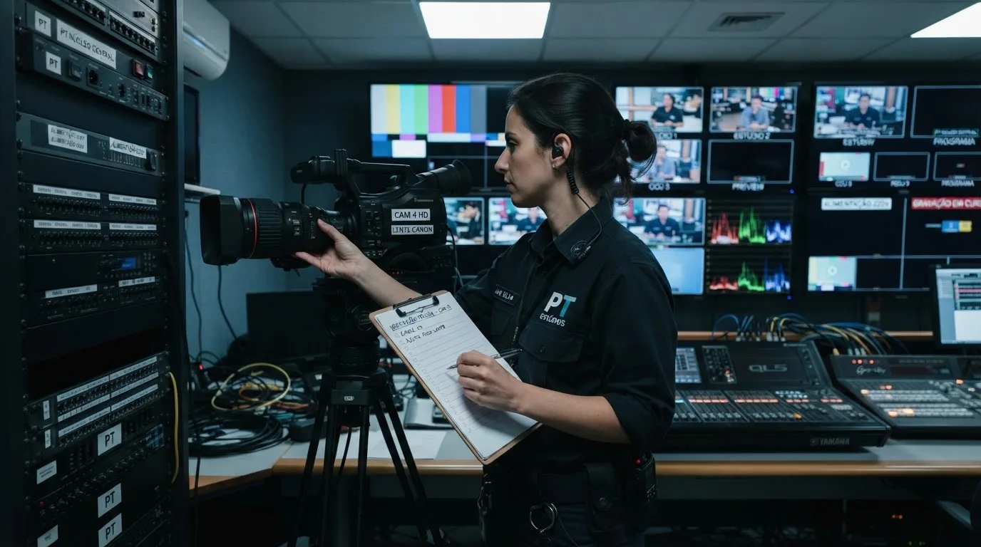 Técnico de uniforme escuro a verificar câmaras e equipamento numa sala de controlo de um estúdio de televisão, com vários monitores desfocados.