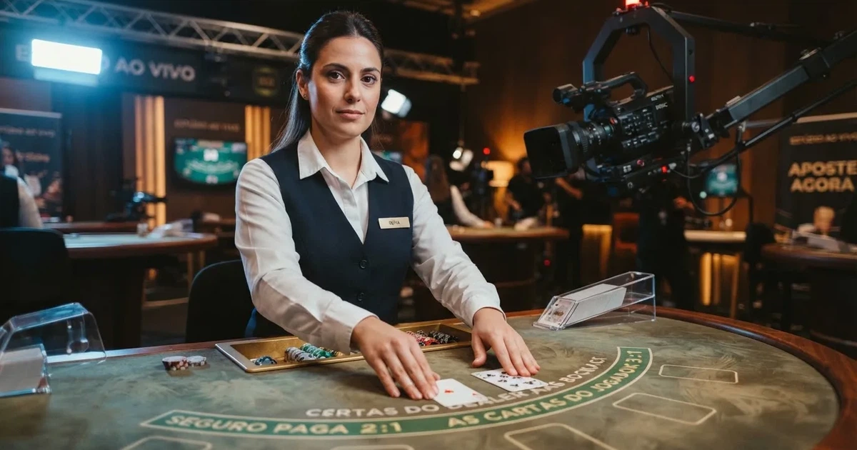 Croupier de colete a distribuir cartas numa mesa de blackjack de estúdio, com iluminação azulada e câmara de transmissão ao fundo.