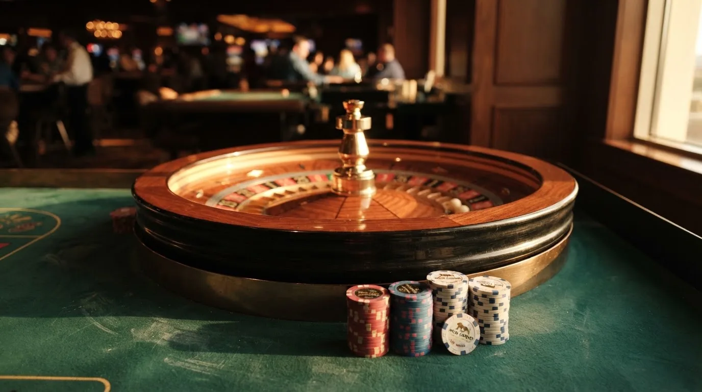 Roda de roleta e fichas sobre feltro verde, sob uma luz quente de fim de tarde — casinos com apple pay em portugal