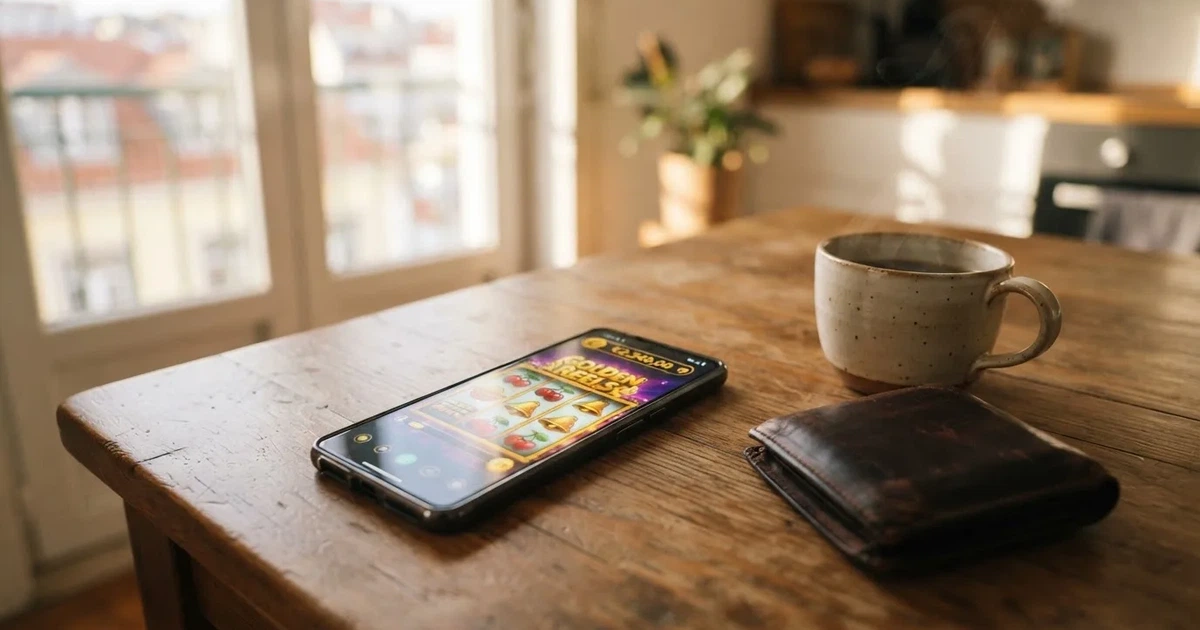 Telemóvel numa mesa de madeira ao lado de uma carteira e de uma chávena de café — casinos com apple pay em portugal