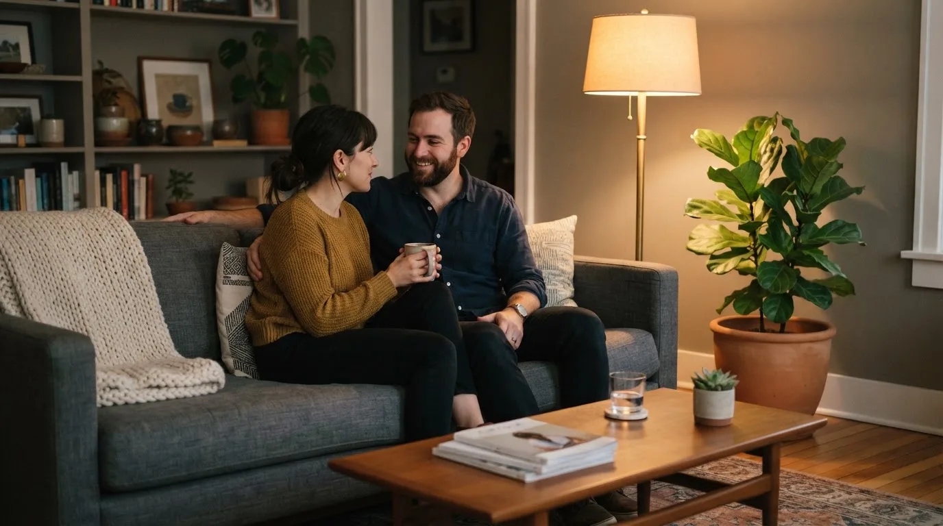Casal sentado num sofá a conversar com ar sereno, uma planta ao lado e luz quente de candeeiro, ambiente doméstico calmo.