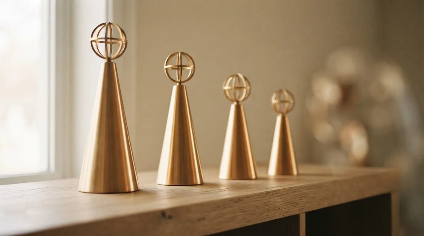 Quatro troféus dourados de tamanhos diferentes alinhados numa prateleira de madeira clara, vistos de perto com fundo desfocado.