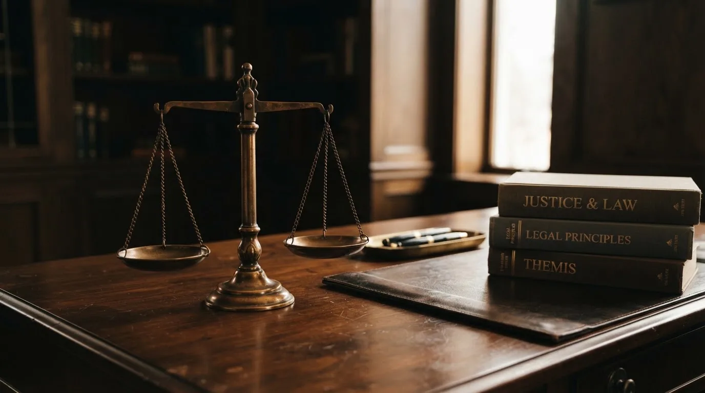 Balança da justiça em bronze sobre uma secretária de madeira escura, ao lado de uma pilha de livros de capa dura, luz lateral.